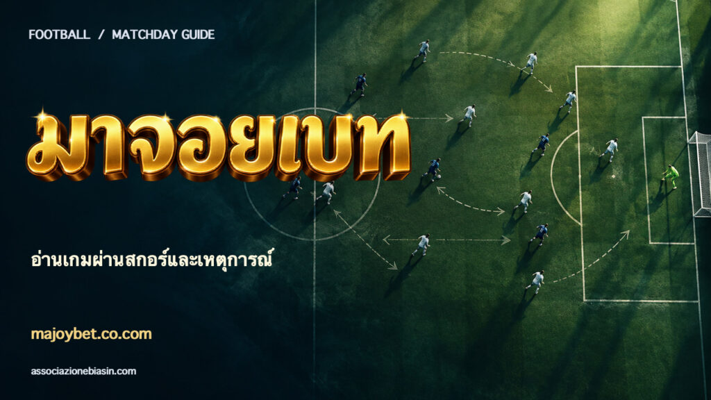 แบนเนอร์มาจอยเบท ตัวอักษรทองสามมิติพร้อมประกาย บนฉากฟุตบอล — อ่านเกมผ่านสกอร์และเหตุการณ์